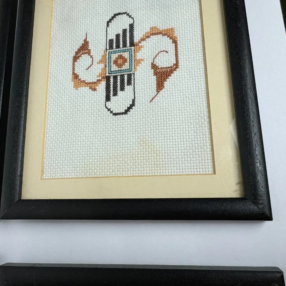 Vintage Hand Cross Stitch Native American Symbols Framed Set of 4